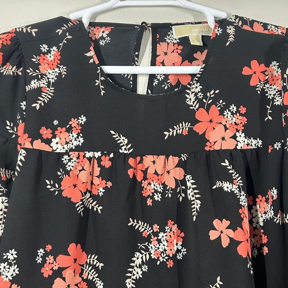Michael Kors Floral Tiered Babydoll Top Black Coral Ruffle Bell Sleeve XL